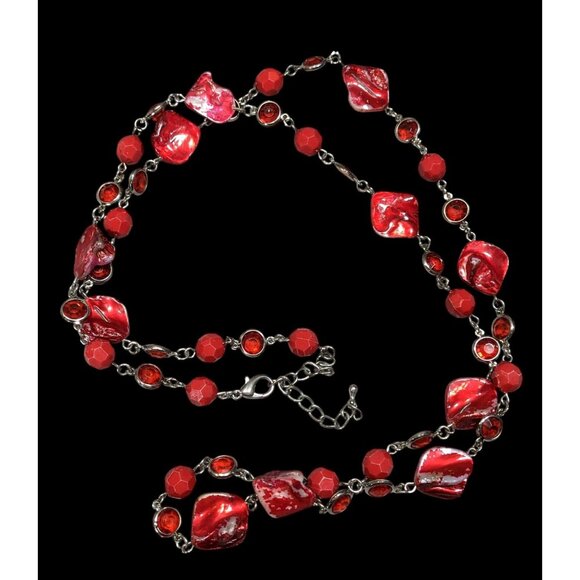 Mermaidcore Beachy Red Shell And Gem Beaded Necklace - Picture 1 of 5